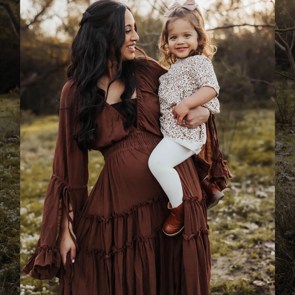 Vestido de fotografía de maternidad, prenda bohemia de lino y algodón con cuello en V profundo, manga plisada de encaje, vestido largo para sesión