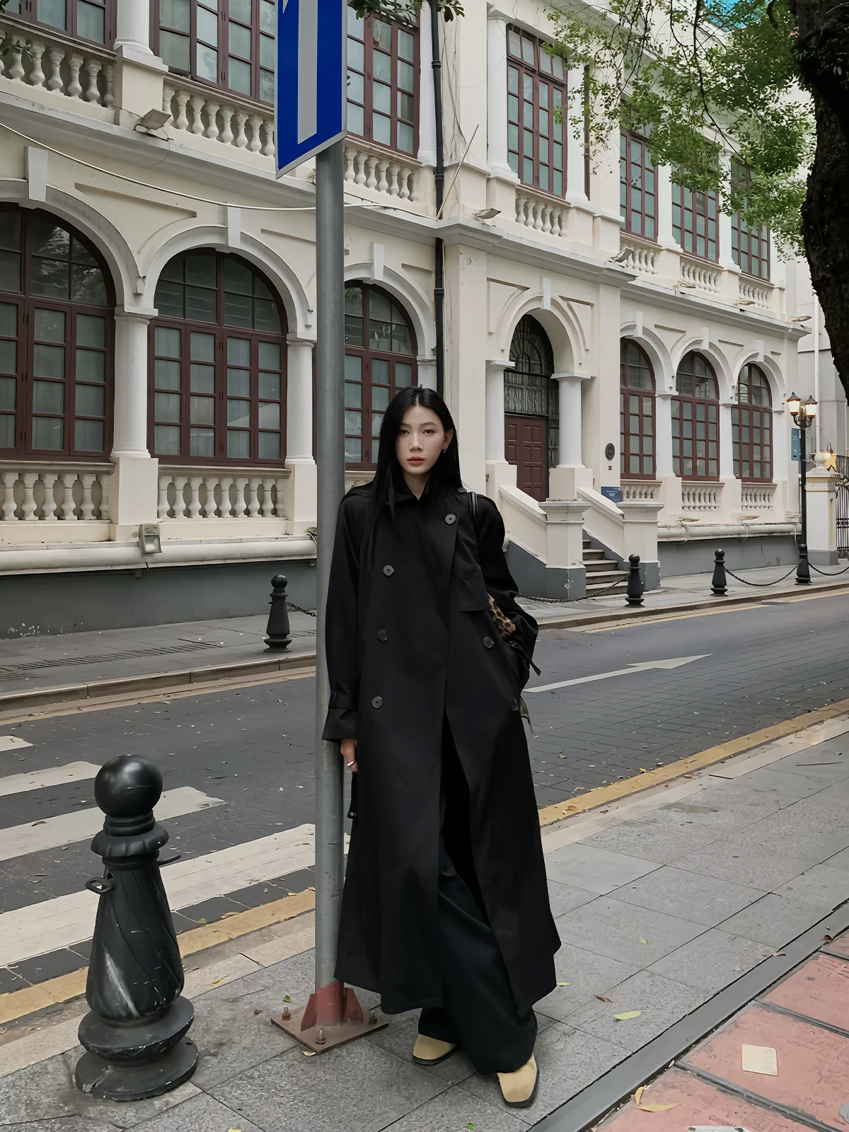 

Bla Mid-Length Double-Breasted Korean Sle Women's Windbreaker Coat Casual Commute Loose Fit Long Sve Suit Collar