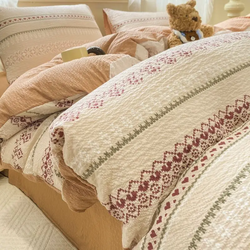 A-Class Puff Double-Layer Yarn 4-Piece Bedding Set - Breathable All-Season Dorm/Washable Cotton soft & Comfortable