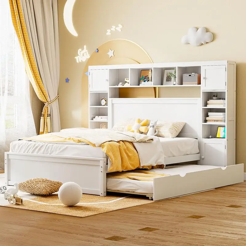 Queen Size Wooden Bed with All-in-One Cabinet, Shelf & Sockets, Twin XL Trundle, White Finish