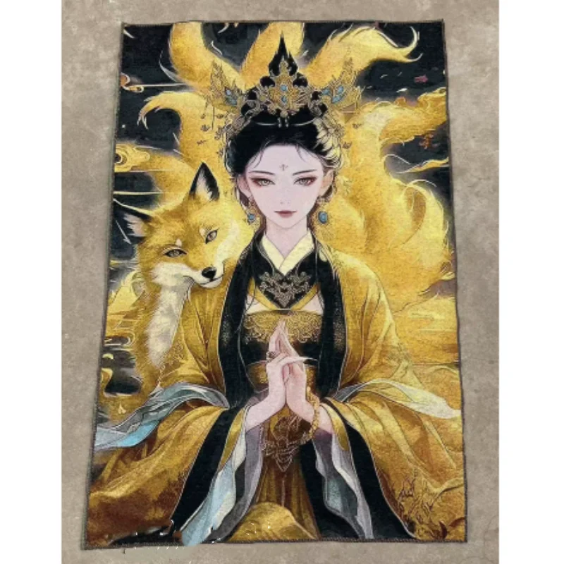 Vintage Collectible Nine-Tailed Fox Spirit Tapestry Thangka - Silk Embroidered Wall Art, Exquisite Home Decor Hanging Painting