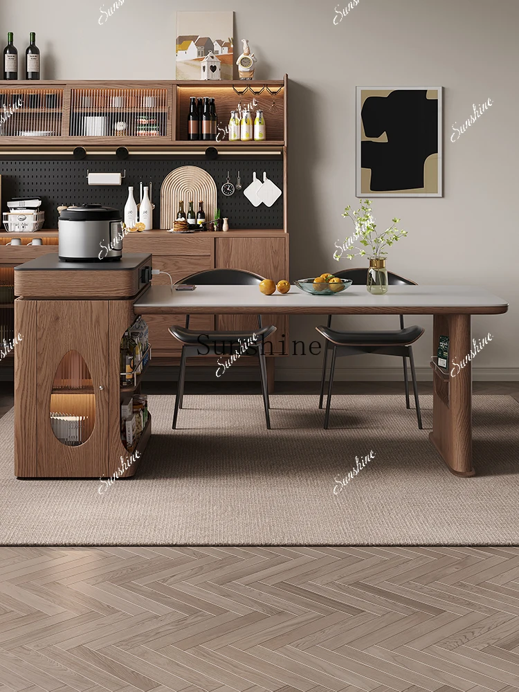Solid wood island dining table integrated retractable small apartment household simple, new Chinese rock slab, combinationP