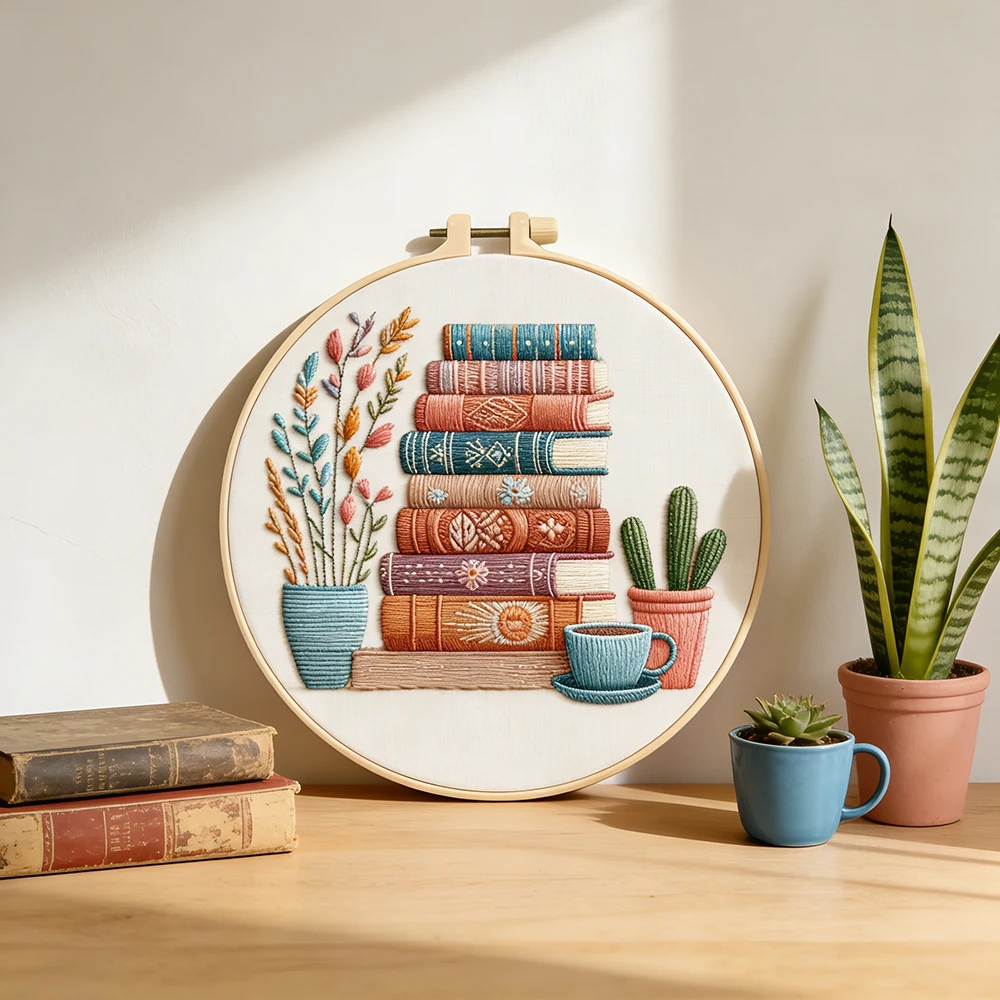 DIY-Stickbuch mit Pflanzen- und Kaktusmotiven, Kreuzstich-Set auf bedruckter Leinwand für Anfänger, komplettes handgemachtes Bastelset für Heimdekoration