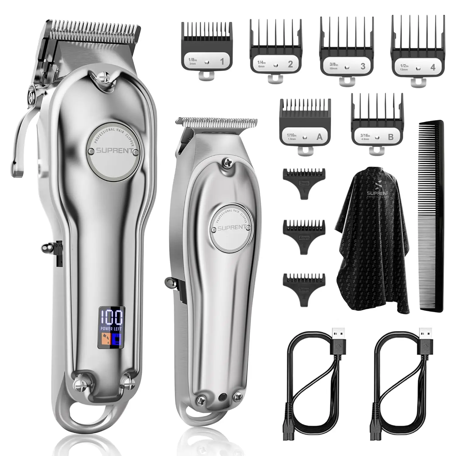 

Professional Cordless Hair Clippers for Men with LED Display, Zero Gap T-Blade Trimmer Combo in Silver - Ideal Gift Set