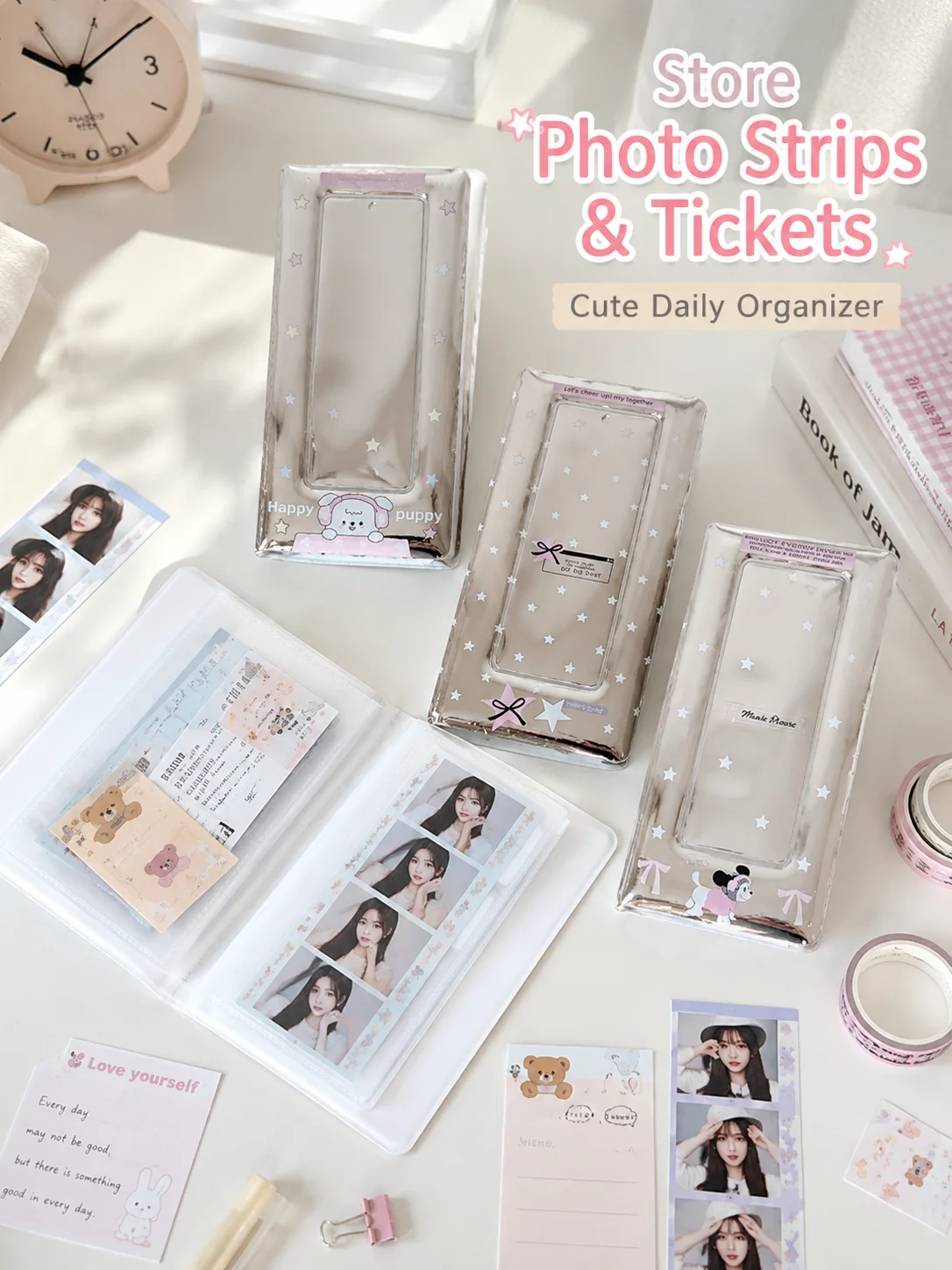 Korean Star Glossy 4-Slot Album, Strip Photo Card Binder for Students, Ticket Receipt Storage Book for Kpop Fans