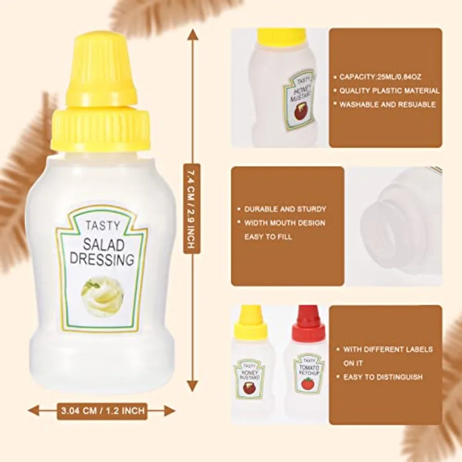 Mini Ketchup Bottles with Sturdy Screw Cap, 25ml Mini Condiment Squeeze Bottles Portable Honey Sauce Salad Dressing Dispensers