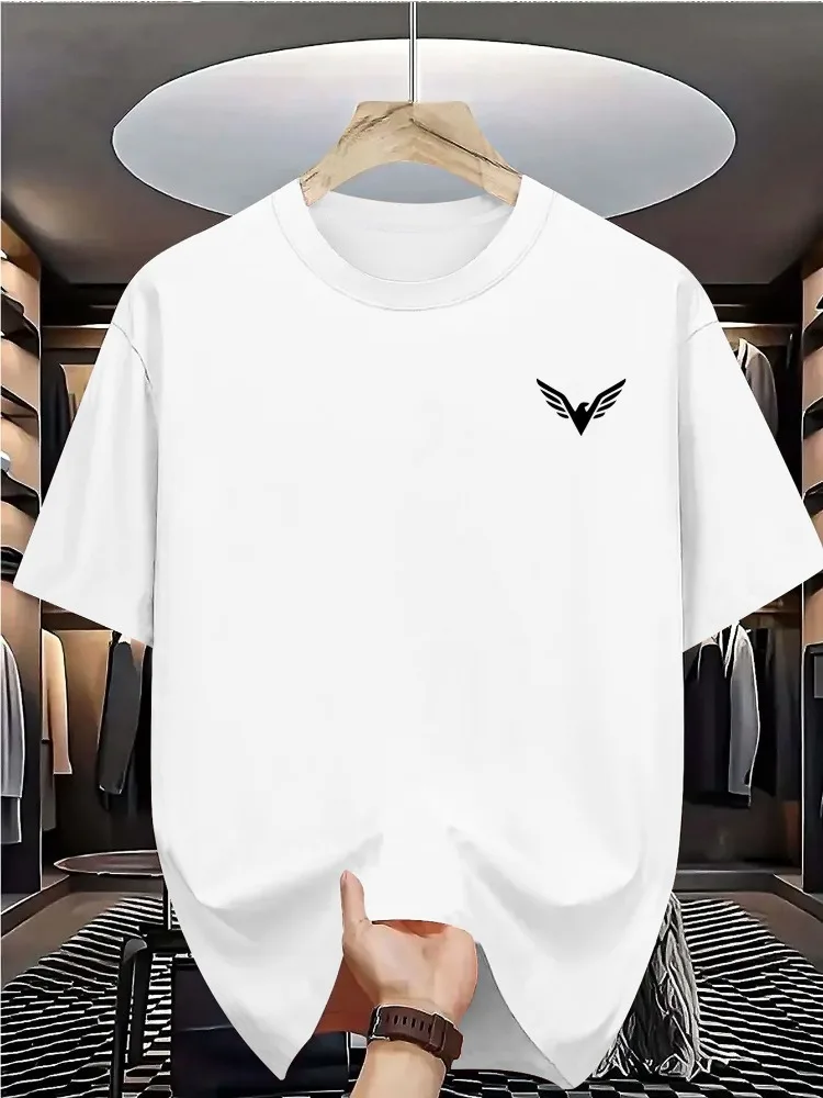 Men Summer Cotton Short Sleeve T Shirt Small Black Eagle Wing Chest Logo Print Crew Neck Minimalist Basic Casual Male Tee