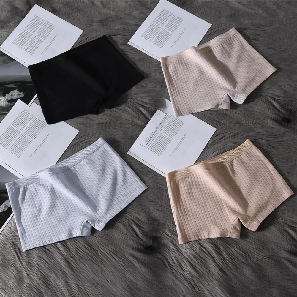 Women Cotton Boxer Panties Breathable Mid Waist Seamless Underwear Ribbed Comfortable Safety Shorts Anti Chafing Briefs