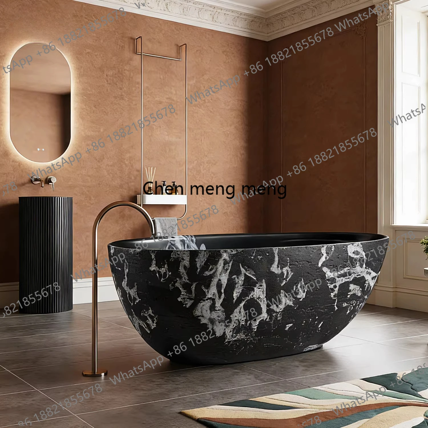 French retro black marble freestanding modern simple light luxury villa outdoor bathtub