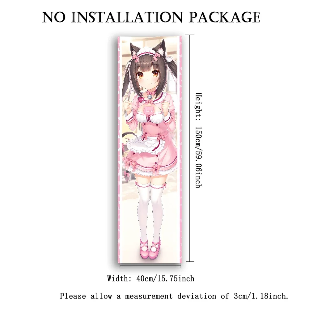 40X150CM Nekopara Vertical Tapestry, Long Strip Full‑Body Cat‑Ear Maid Character Wall Hanging, Sweet Pink Polyester Wall Cloth