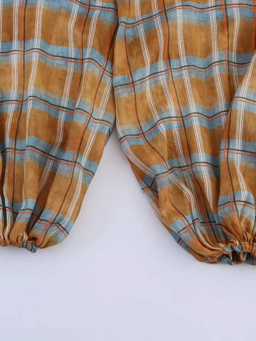 Faionable Plaid Lantern Pants Casual Versatile Women's Straight Leg Trousers Artistic Sle l Waist Elastic Fabric