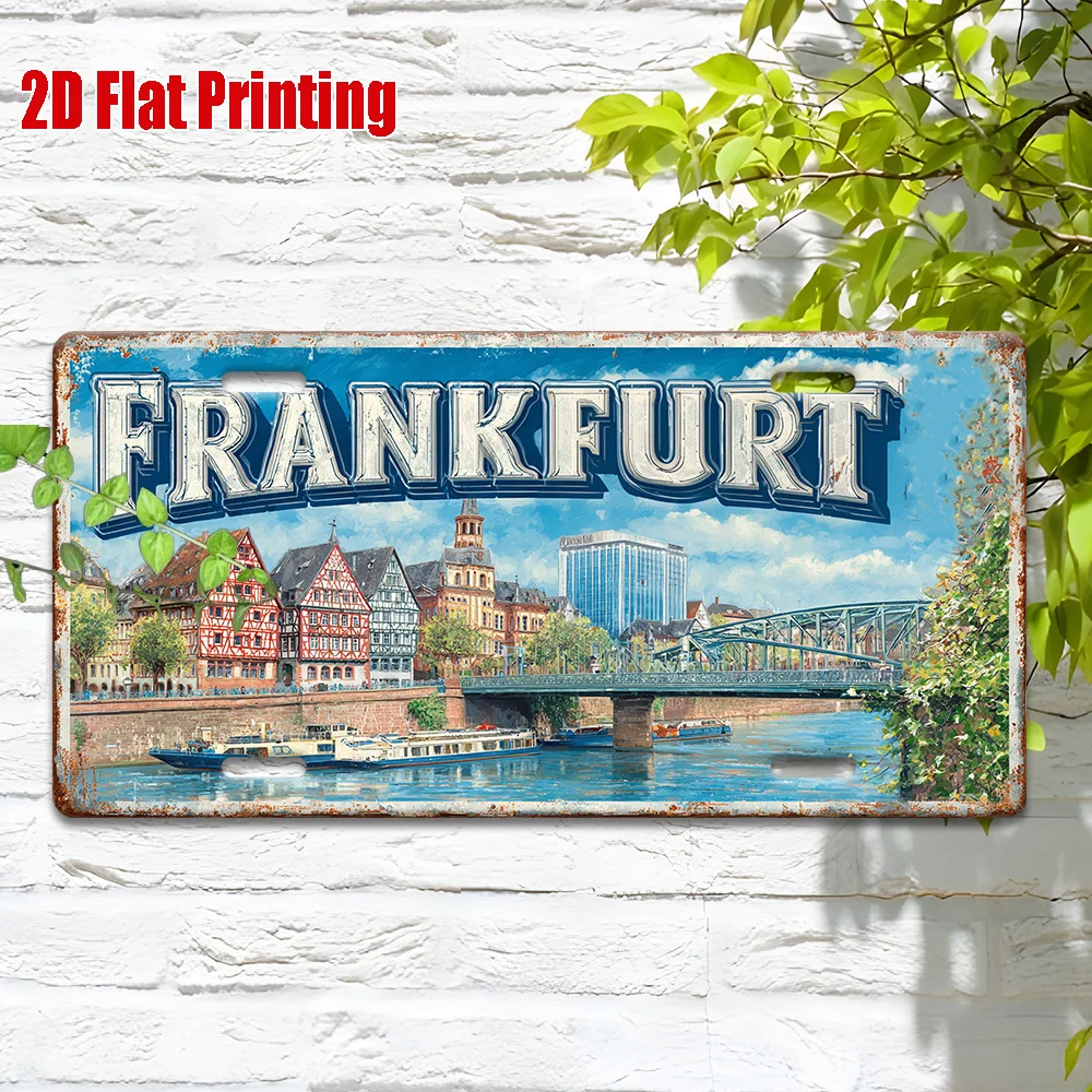2D Flach, [JIT]2D Flach, 1 Retro Frankfurt Metallschild - 30,48 cm x 15,24 cm Retro Aluminium Wandkunst mit Stadtlandschaftsd