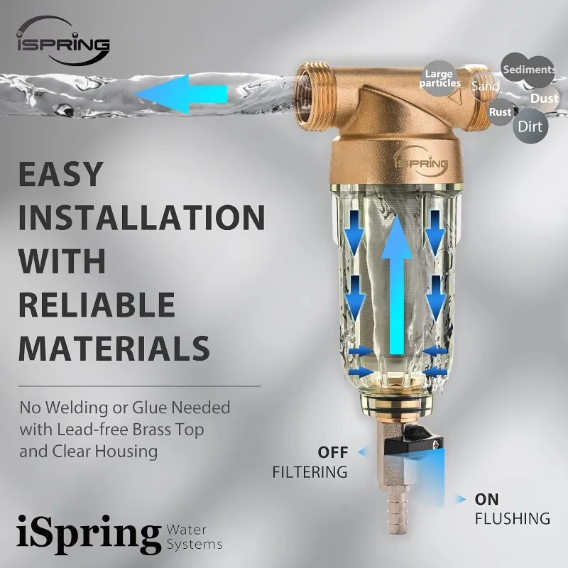 

iSpring Многоразовый фильтр для воды с отжимом для всего дома, фильтрация предварительной очистки заподлицо 100 микрон, 1 дюйм MNPT + 3/4 дюйма FNPT, латунь