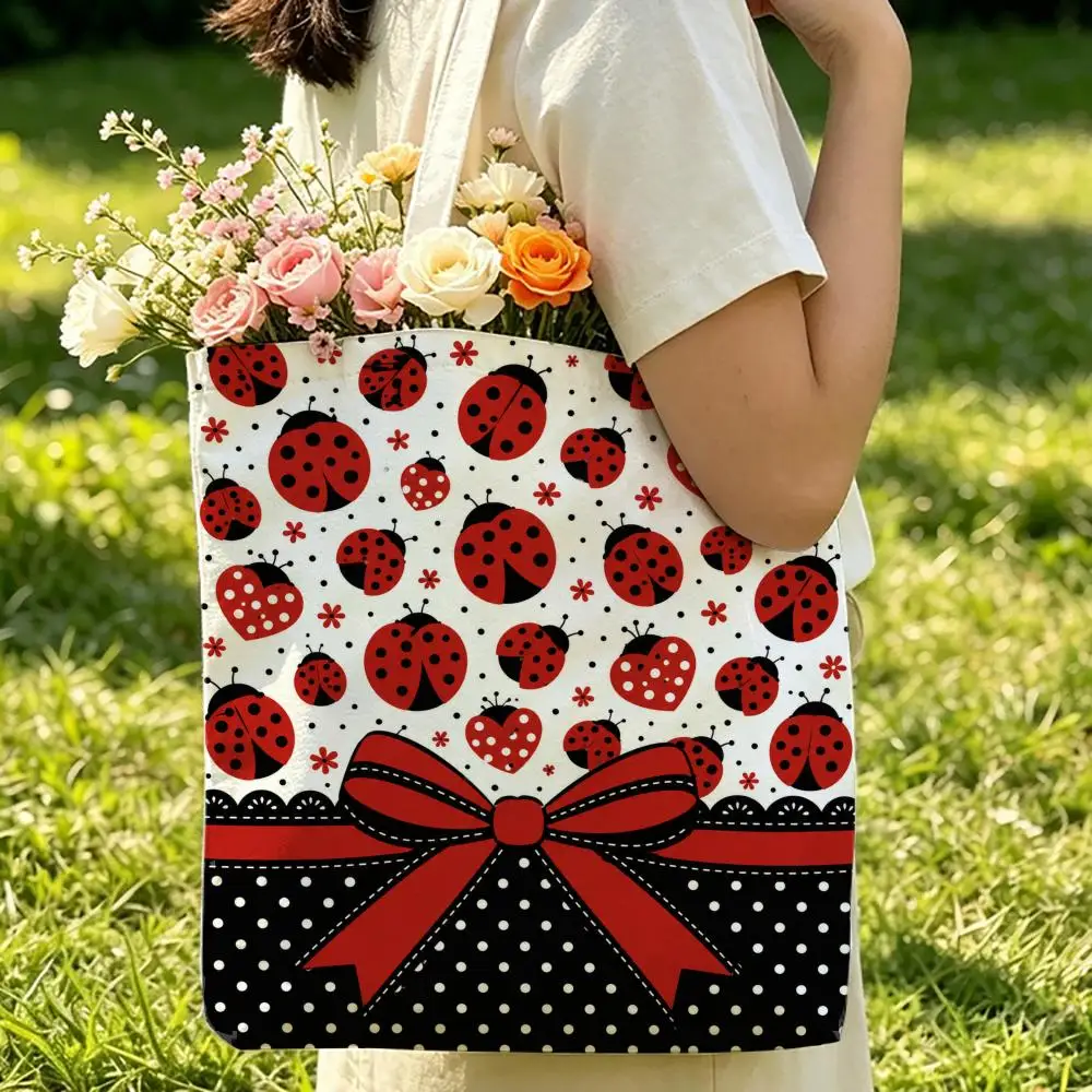 Ladybugs Love Hearts Storage Bags Beach Canvas Shoulder Tote Bag Double-Sided Print Fashion Handbag for Travel Picnic
