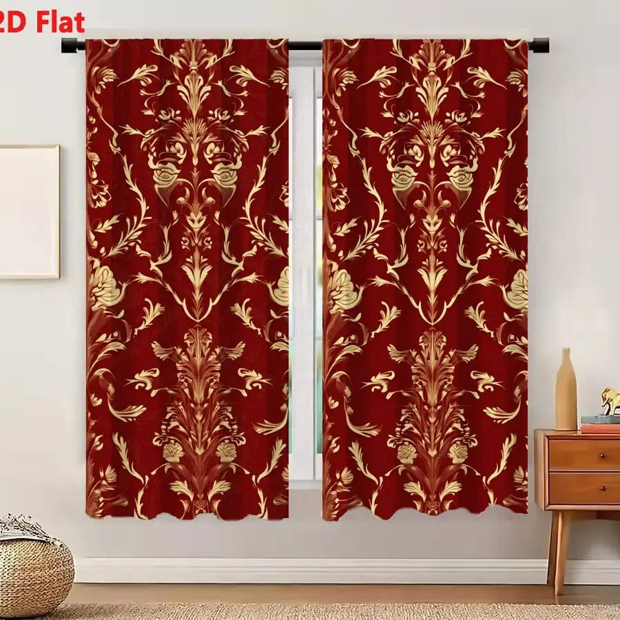 2Pcs Curtains 2D Flat Deep Red Maroon Background Ornate Golden Beige Floral Foliate Motifs Baroque Rococo Style Decorative Seaml