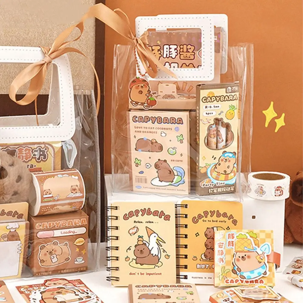 

70/73/105pcs Cartoon Capybara Stationery Set Kawaii Large Capacity Capybara Sticky Notes with PVC Bag Soft Grip Pens