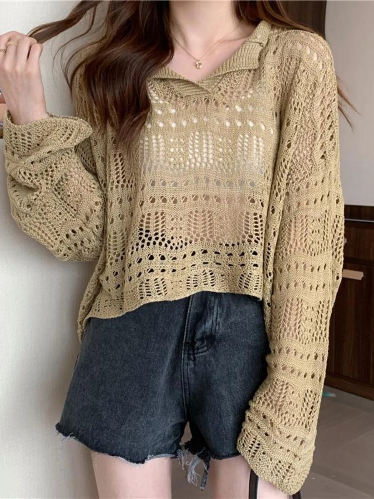 Soie glacée tricoté Long Sve évider mince V-Ne haut femmes été lâche aérien Protection solaire couvrant la climatisation...