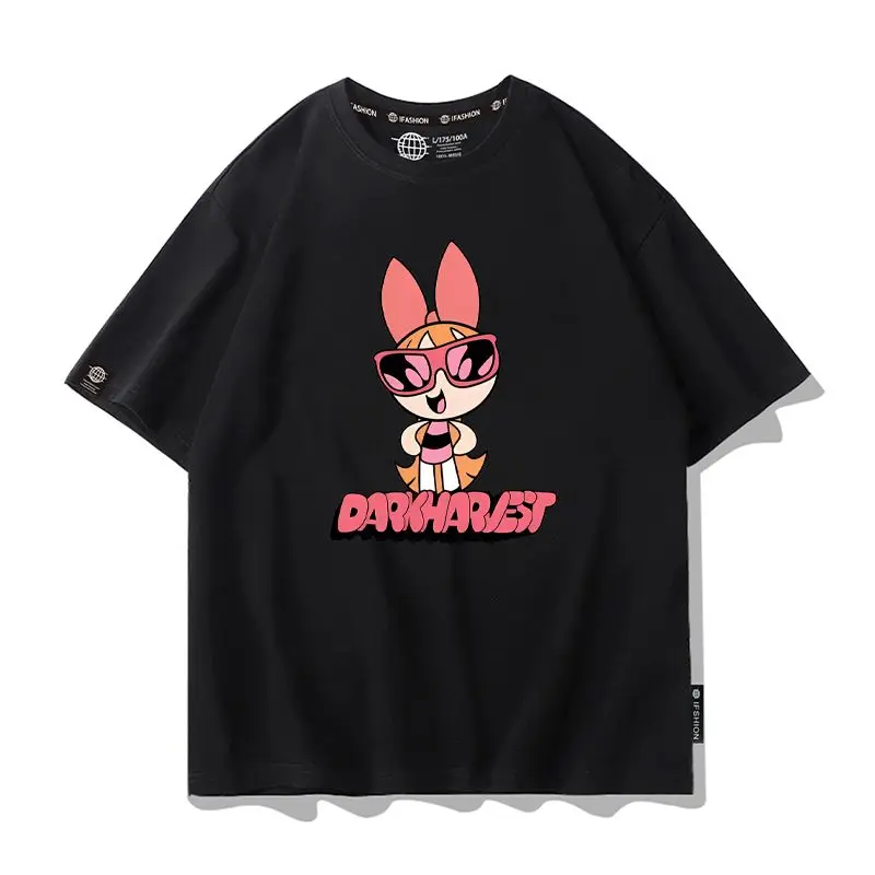 Powerpuff Girls Anime Peripheral Short-Sleeved T-Shirts Loose Casual Couple Large Size Cotton Children's Clothing Half-Sleeved