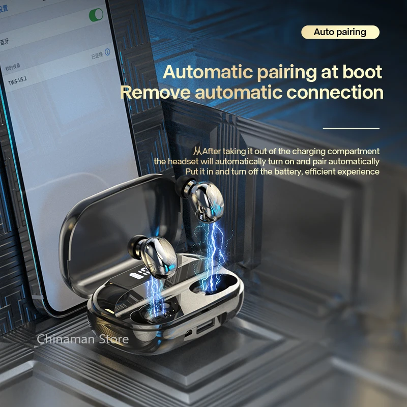 Auriculares TWS inalámbricos Bluetooth 5,2, auriculares estéreo para juegos, auriculares deportivos impermeables con pantalla LED cotrol táctil