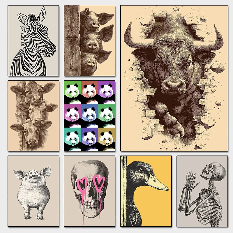 Three Pigs Peeking Over Posters Bull Breaking Through Wall Skeleton Praying Prints Canvas Painting Wall Pictures Home Room Decor