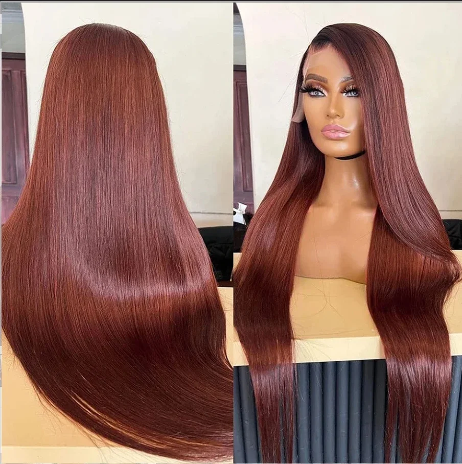 Reddish Brown 13x4 Lace Front Human Hair Pre Plucked Dark Red Brown Bone Straight 4x4 HD Lace Closue Wig On Sale Clearance