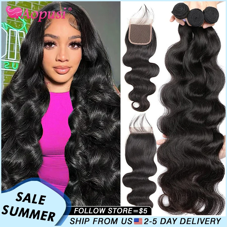 Aopusi Body Wave Bundles With Closure Brazilian Human Hair Weave Bundles With Closure Hair Extension 3/4 Bundles With Closure