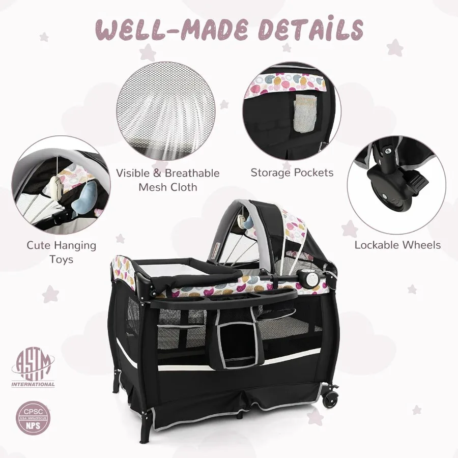 Pack and Play 4 in 1 Portable Baby Crib Playpen w Bassinet Changing Table Canopy Mattress Music Box Storage Bag Foldable Pack n