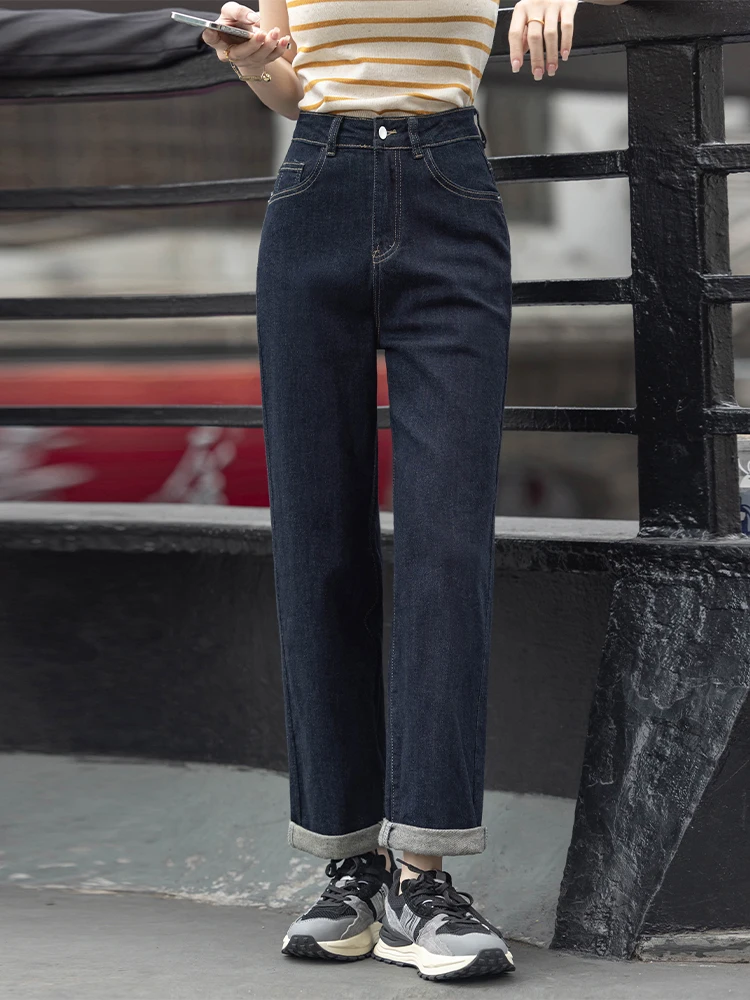 

Slimming Loose High Waist Blue Jeans Women's Wide Leg Versatile Straight Leg Denim Pants Spring Autumn New Sle Retro Deep Blue