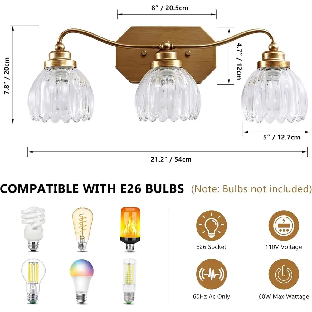 Настенные бра из античной латуни с 3 лампами и хрустальными абажурами для винтажной ванной комнаты, туалетного столика и гостиной