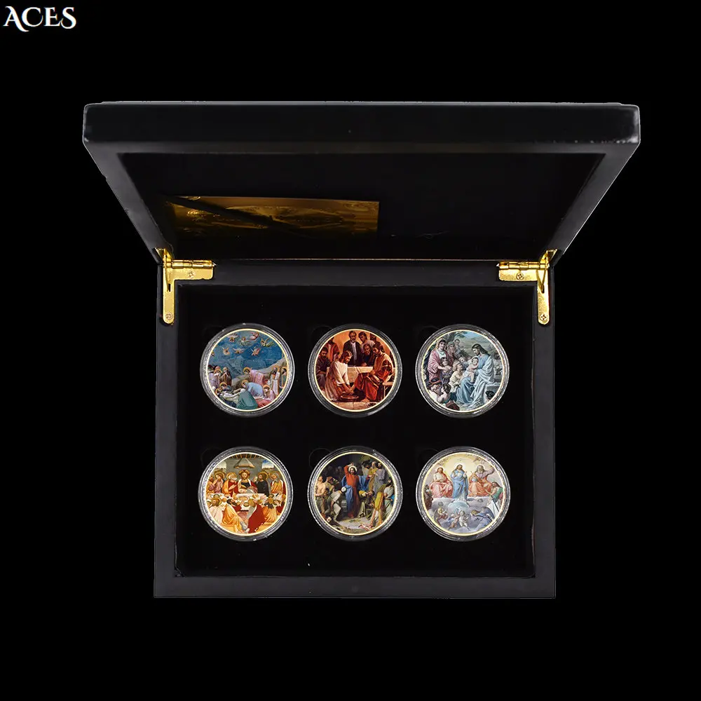 6pcs The Passion of Jesus Coin Biblical Legend Commemorative Coin with Certificate and Exquisite Wooden Box Art Worth Collection