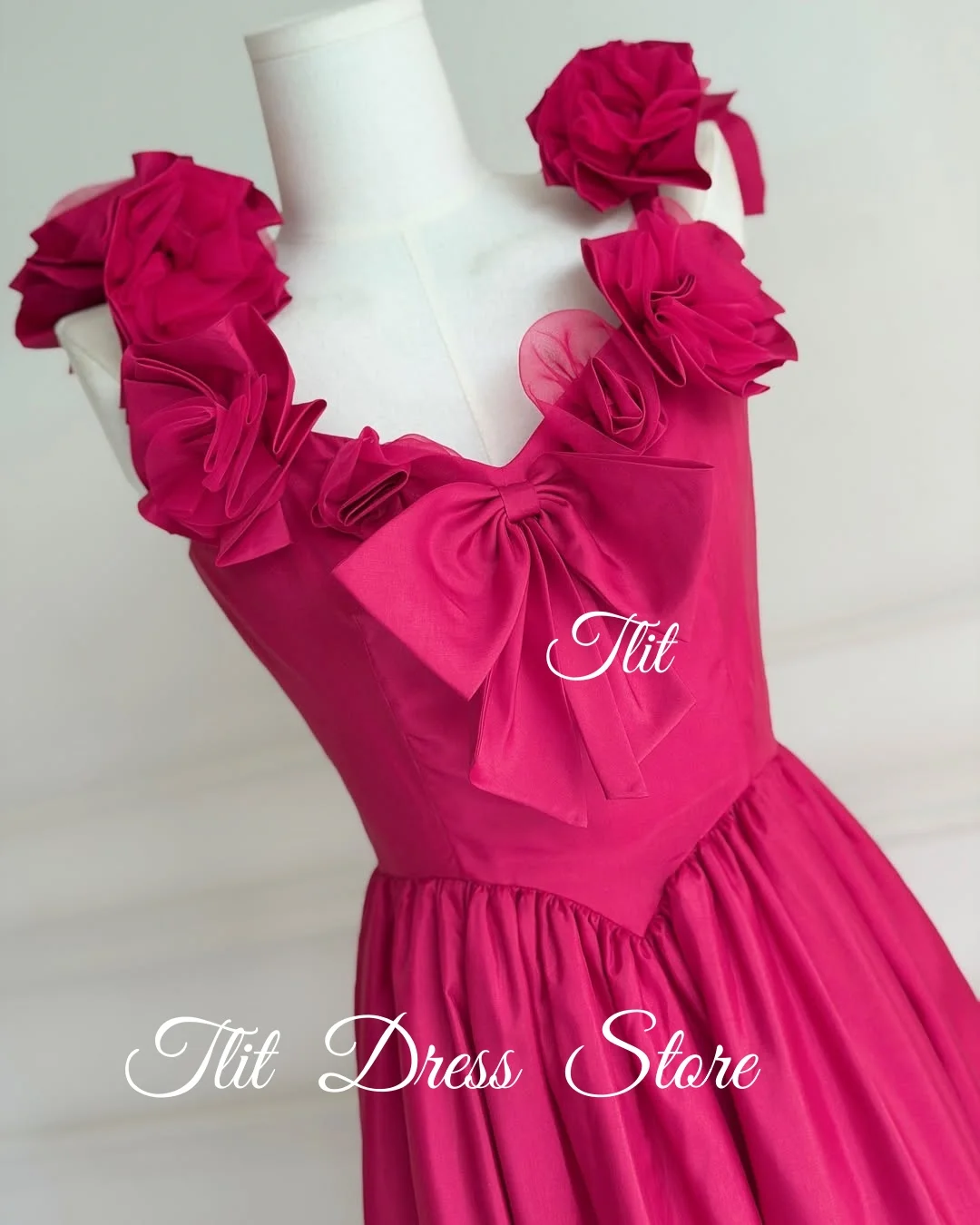 فساتين سهرة أنيقة من قماش التفتا باللون الوردي الوردي من TLIT فستان حفلات على شكل حرف v مع فيونكة زهور مخصصة #3