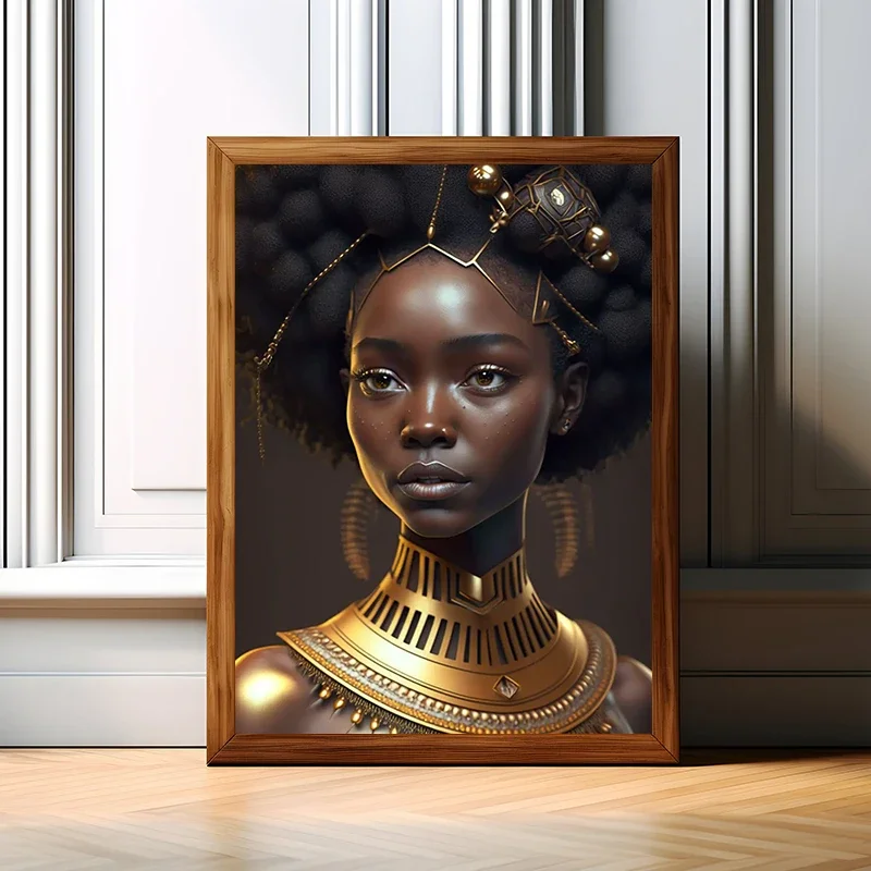 

African Black Golden Woman Portrait Canvas Painting Black Girl Posters Prints Wall Art Pictures for Modern Living Room Decor