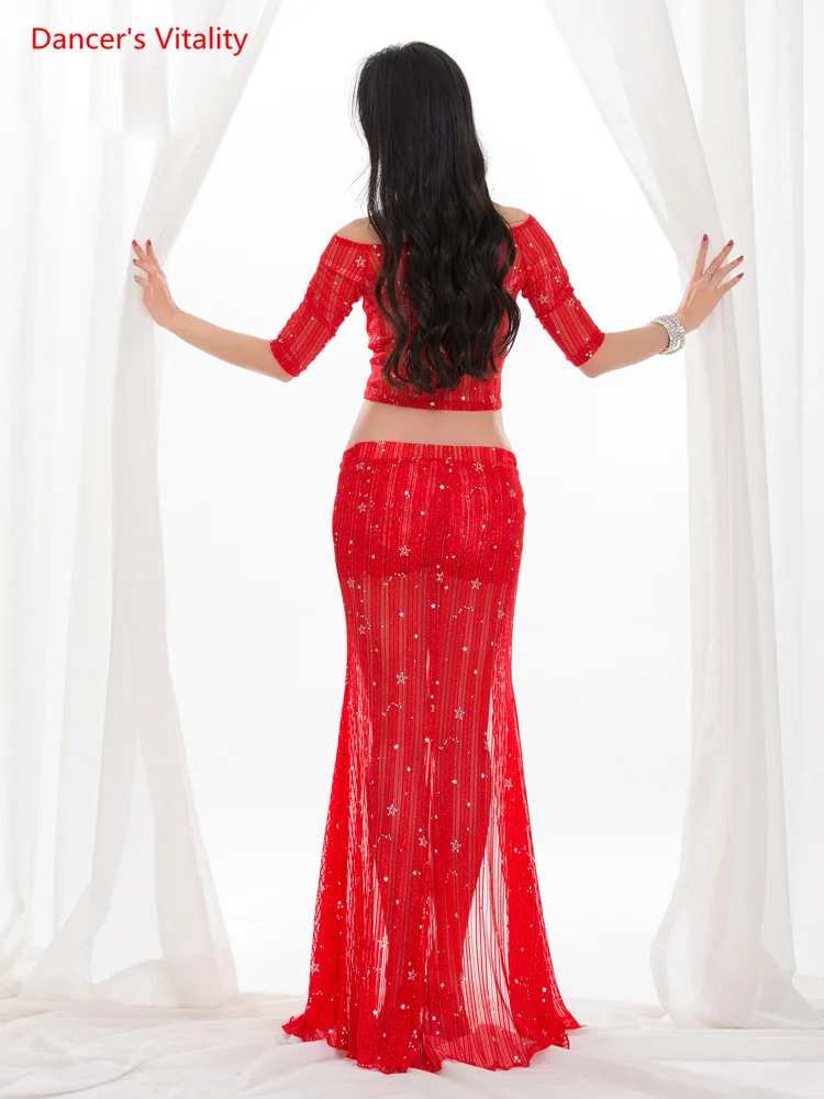 Women belly dance clothes sexy half sleeves top and split skirt 2pcs belly dancing suit stars bling bling Oriental Dance set