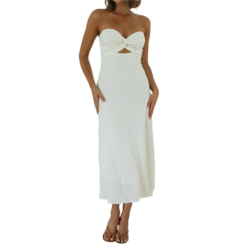 Abiti midi con scollo a cuore senza spalline sul davanti attorcigliato per le donne Abito in lino con tubo ritagliato smock Ospite di nozze