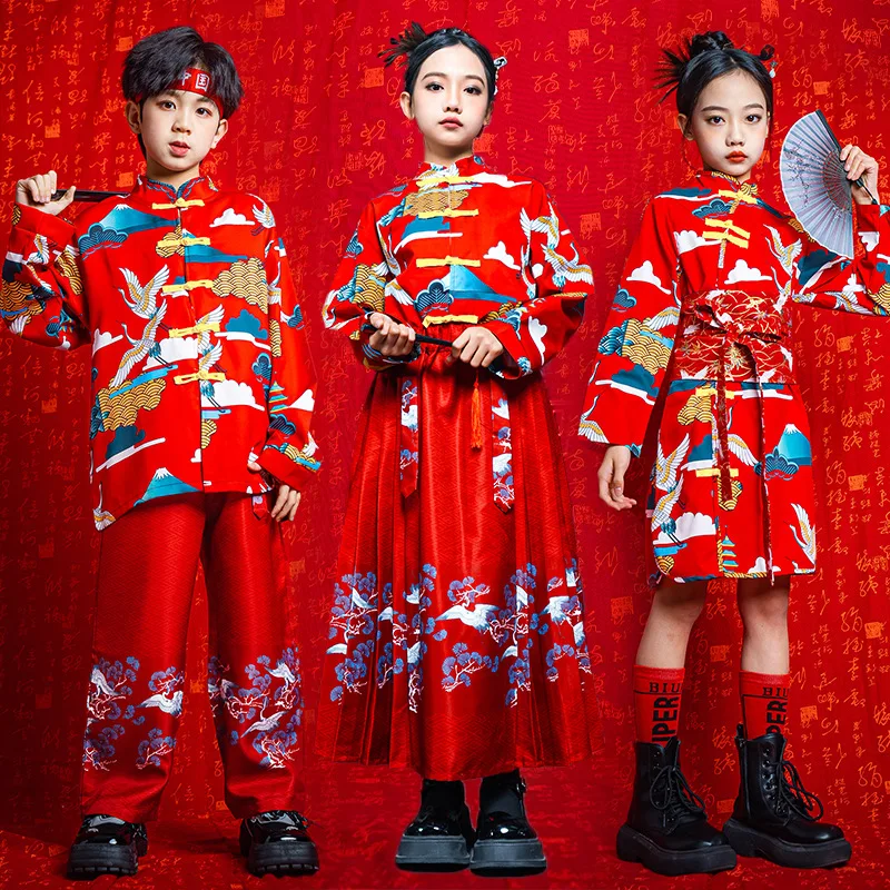 Hanfu Girl New Chinese Style Children's Costume Chinese Dress Cheongsam Cheerleading Red Performance Wear