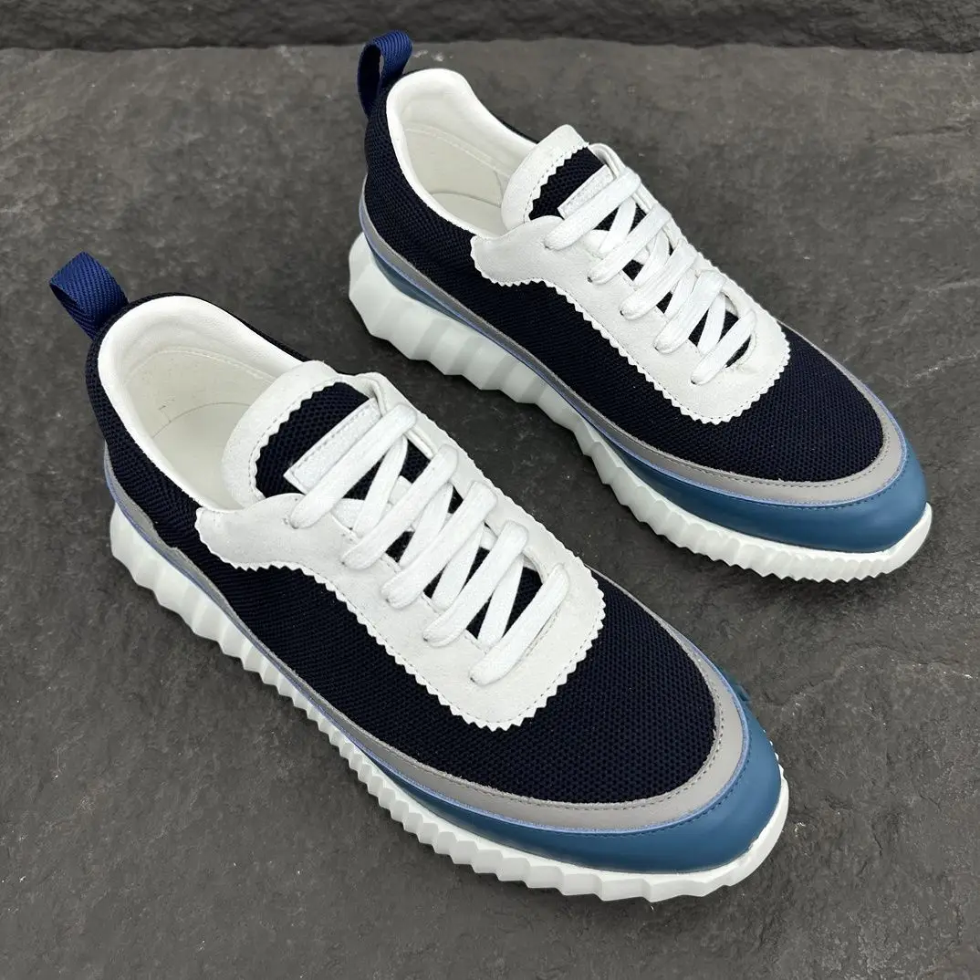 Unisex Knit Fabric Spliced Sneakers Multi Color Block Serrated Thick Sole Lace-up Daily Casual Shoes