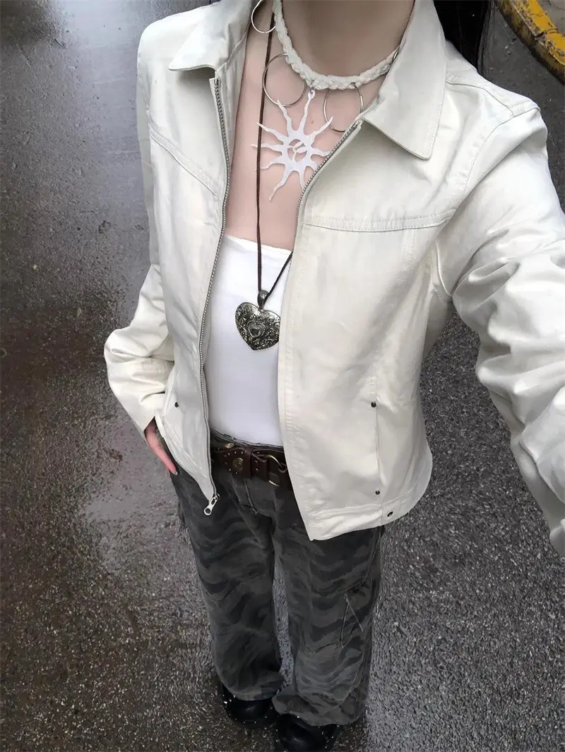 American Retro Lapel Collar Leather Jacket Women Chaqueta Mujer Harajuku Veste Femme  American Streetwear Grunge Tunic Top