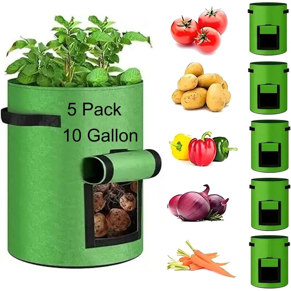 Potato Grow Bags (5 Pack 10 Gallon) Garden Vegetables Growing Planter with Handles and Acclap for Planting Potato, Carrot, Onion