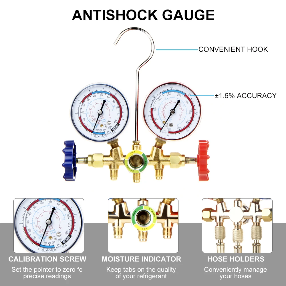 Refrigerant Manifold Gauge Air Condition Refrigeration Set Air Conditioning Tools With Hose And Hook For R404A R410A R134A R22