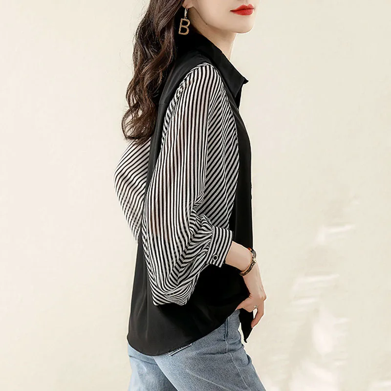 Shirts Women Striped Popular Tops All-match Fashion Korean Casual Simple Female Retro Baggy Long Sleeve Clothing Elegant New Ins