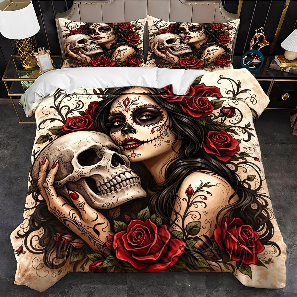 3Pcs Day of the Dead Duvet Cover Set Catrina Skull Red Rose Print Gothic Bedding Set with Invisible Zipper Machine Washable