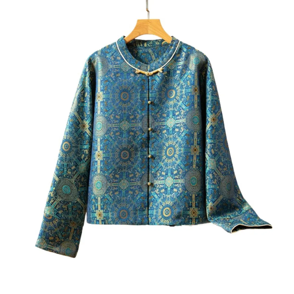 2025 Women's Fashion Clothing Blue Printed Natural Mulberry Silk Song Brocade Round Neck Long Sleeve New Chinese Style Coat