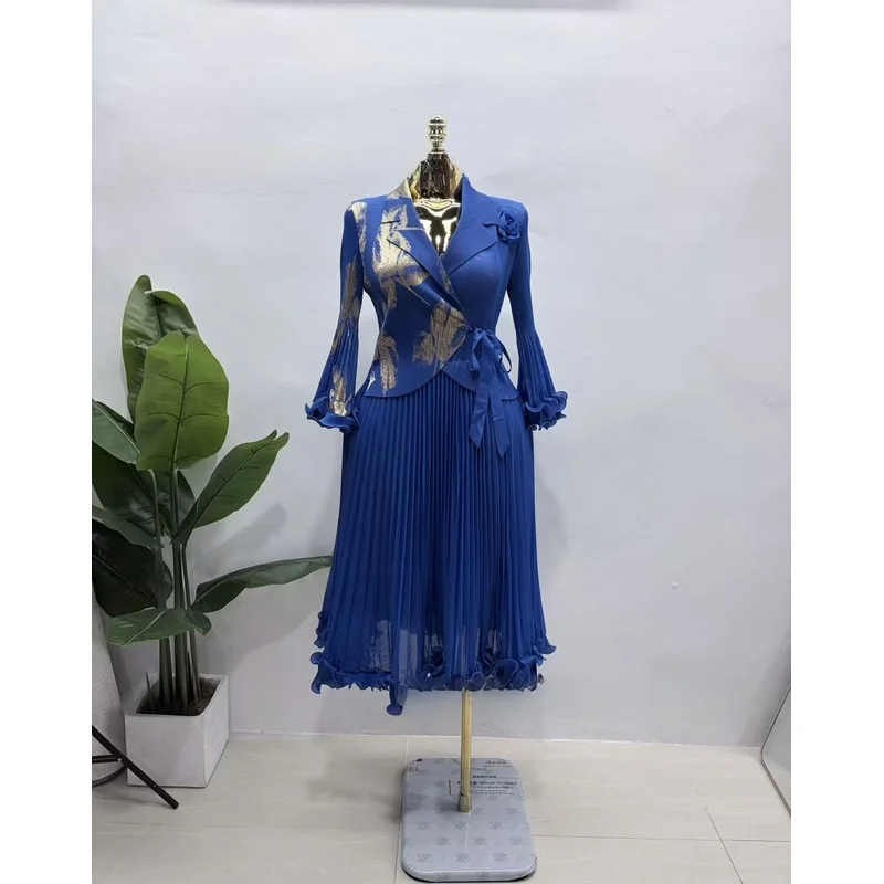 Miyake Pleated Hot Stamping Dress 2026 New Suit Collar High-end Design High Elastic Ruffle Edge Soft Women's Clothing Vestidos