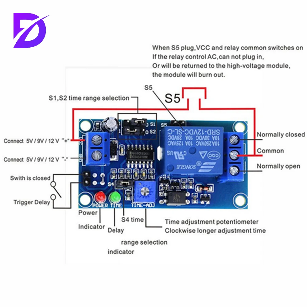 DC 12V Time Relay Module Normal Open Time Delay Relay Timing Timer Relay Control Switch Adjustable Potentiometer LED Indicator