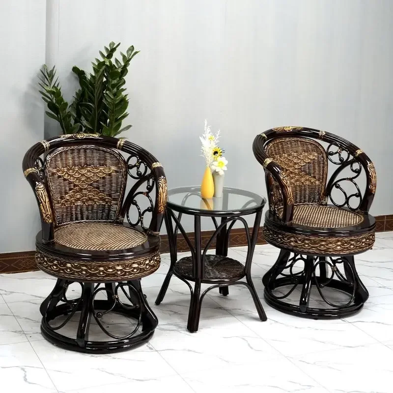 Massivholz-Stuhl mit natürlicher Rattan-Rückenlehne, Möbel, Couchtisch, dreiteiliges Set, drehbarer Freizeitstuhl