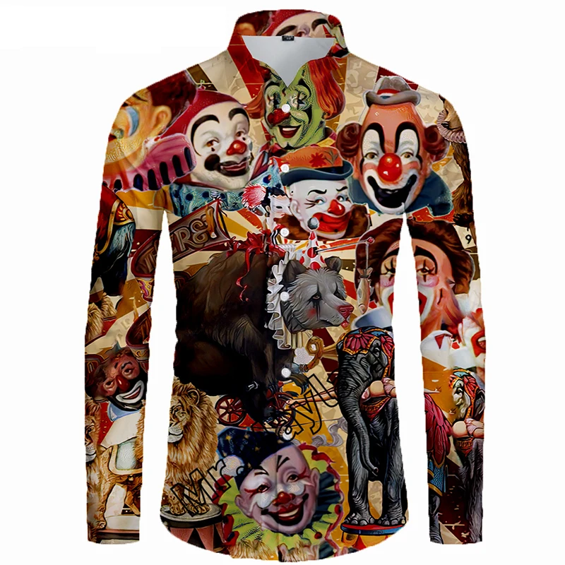 3D Printed Circus Clown Hawaiian Shirt Men Funny Long Sleeve Camisas Spring Autumn Tops Casual Social Clothes For Male Clothing