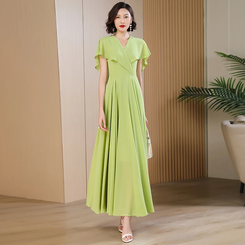 Women Elegant Sweet Dress Summer New Fashion V-Neck High Waist A-Line Chiffon Dress Chic Design Flowing Ruffles Green Long Dress