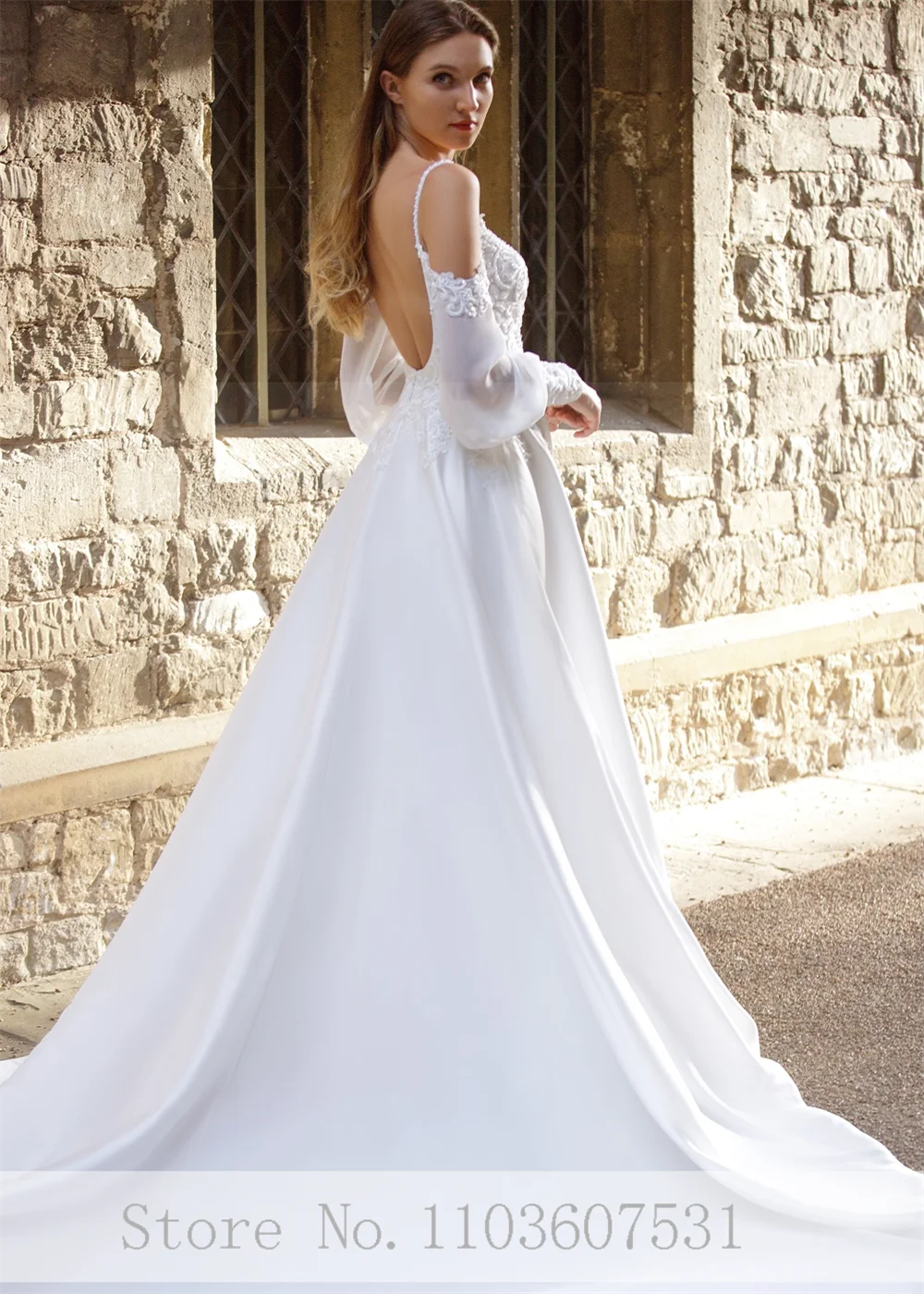 Vestido de novia de satén con tirantes finos para mujer, traje elegante de encaje, corte de línea a, manga larga, fiesta de boda