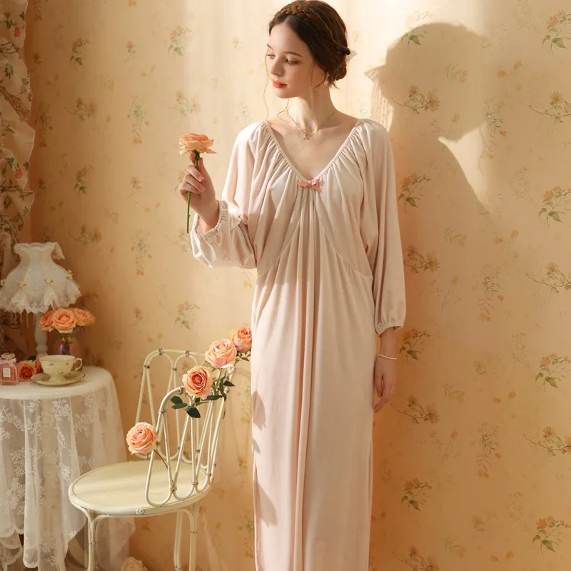 SXTHAENOO New Vintage Princess Loose Long Sleeve Nightdress V-neck Long Nightgown Sweet Robe Home Dressing Gown Winter Nightwear