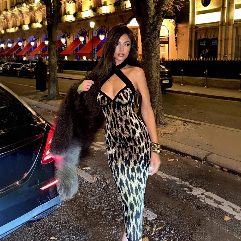 2026 Summer Fashion New Women's Elegant Design Leopard Pattern Dress Slimming Bag Hip Hanging Neck Hanging Long Dress